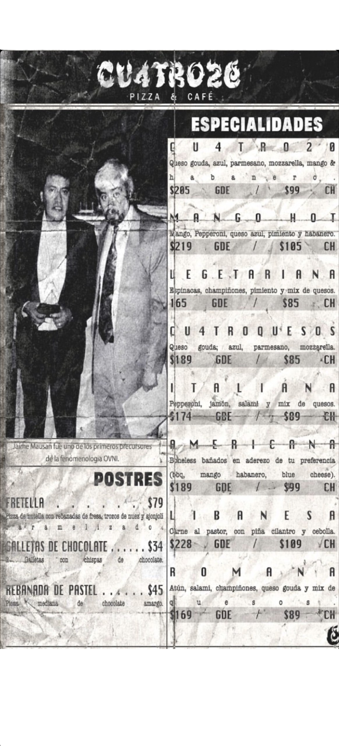Página uno del menú original de CU4TRO20